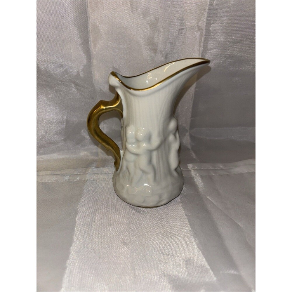 Vintage Limoges French Cherub Relief Porcelain Creamer White Gold Trim